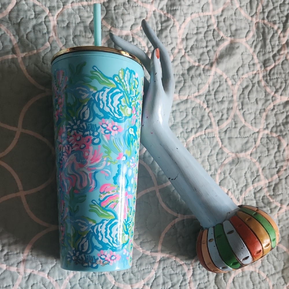 Lilly Pulitzer Blue and Pink Floral Tumbler with Straw